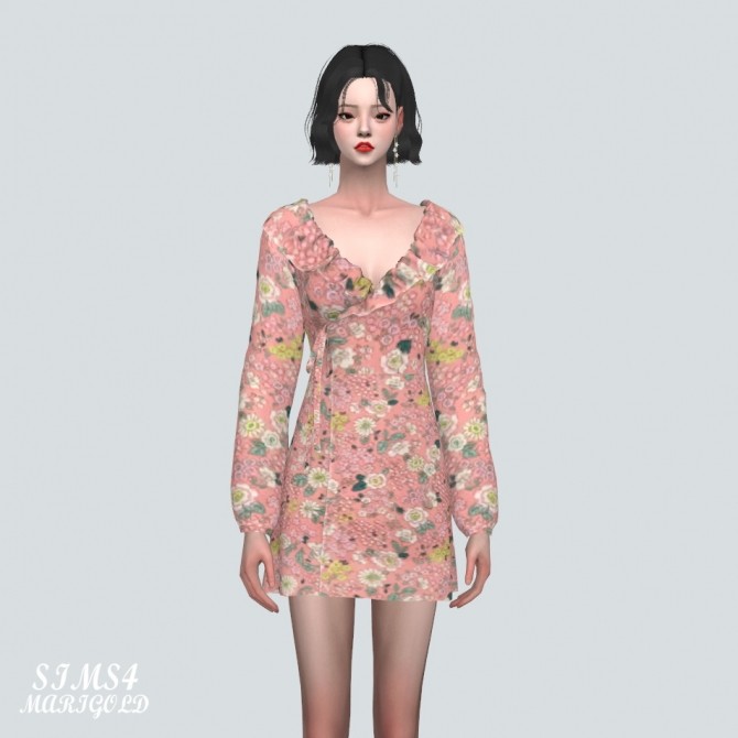 Sims 4 Floral Frill Wrap Mini Dress at Marigold