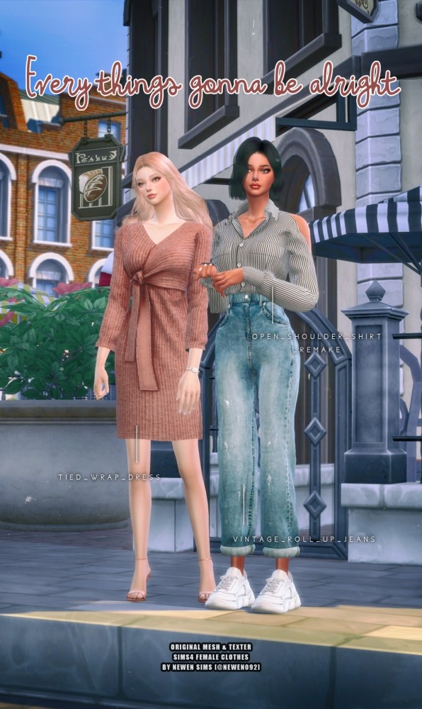 Sims 4 Open Shoulder Shirt + Vintage Roll up Jeans & Tied Wrap Dress at NEWEN