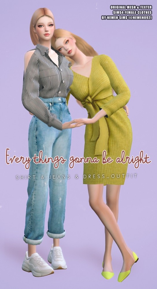 Sims 4 Open Shoulder Shirt + Vintage Roll up Jeans & Tied Wrap Dress at NEWEN
