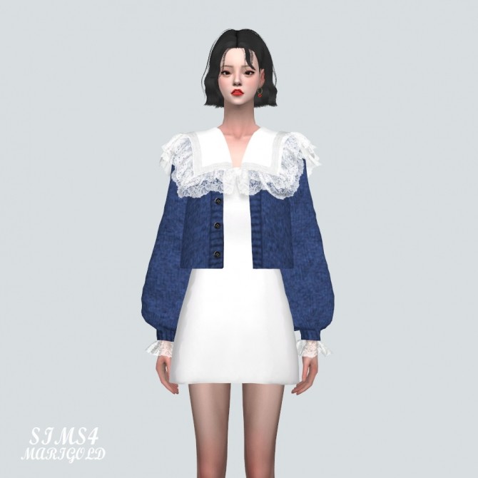 Sims 4 Big Lace Collar Mini Dress With Cardigan at Marigold
