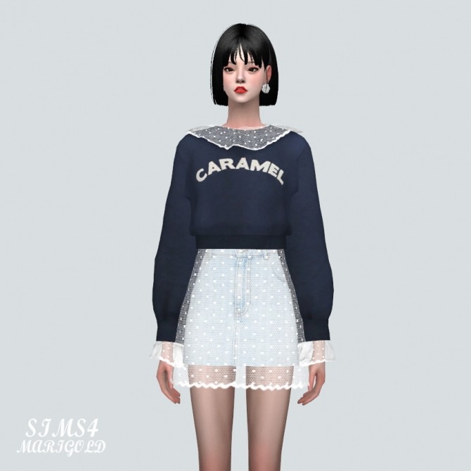 Sims 4 Dot See Through Collar Crop Sweatshirts With Skirt at Marigold
