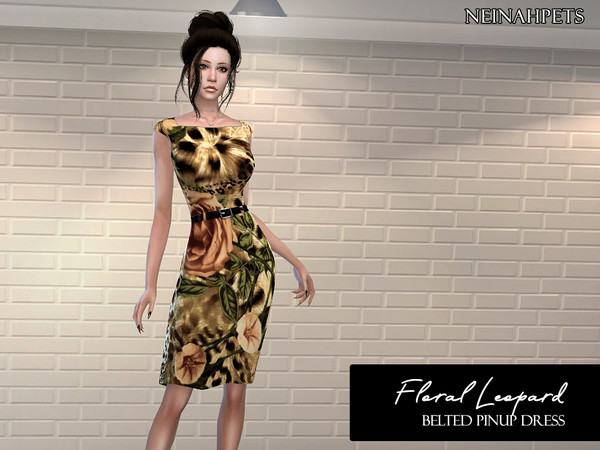 Sims 4 Floral Leopard Belted Pinup Dress by neinahpets at TSR