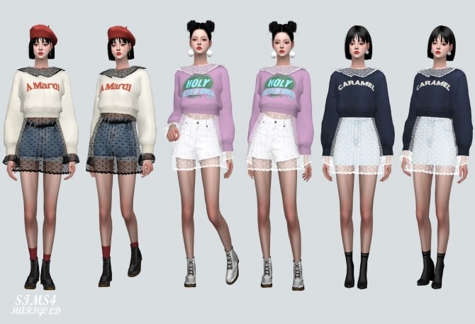 Sims 4 Dot See Through Collar Crop Sweatshirts With Skirt at Marigold