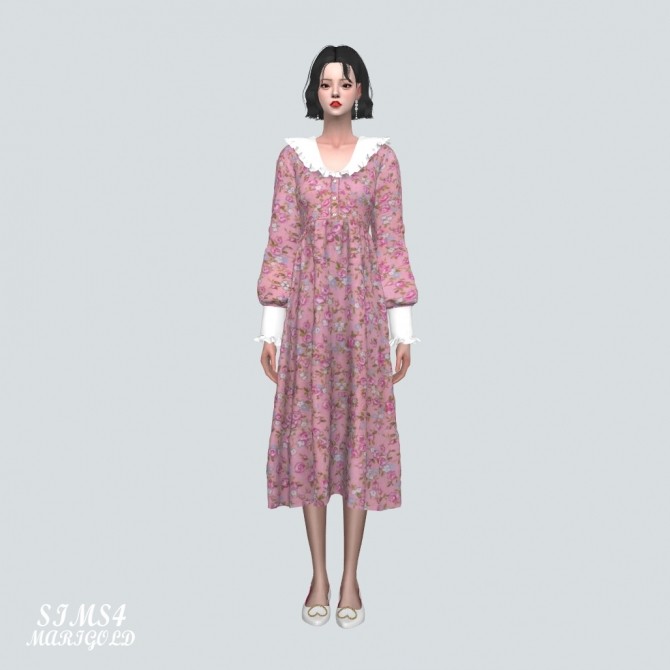 Sims 4 Frill Collar Flower Long Dress at Marigold