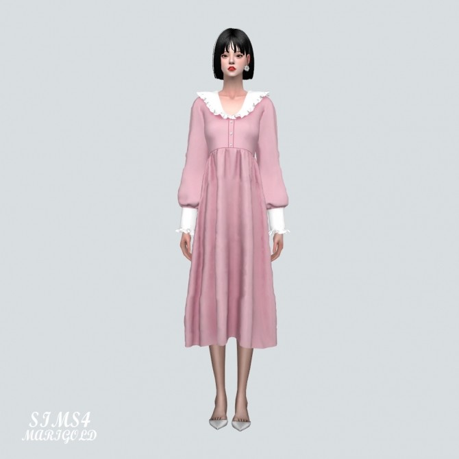 Sims 4 Frill Collar Flower Long Dress at Marigold