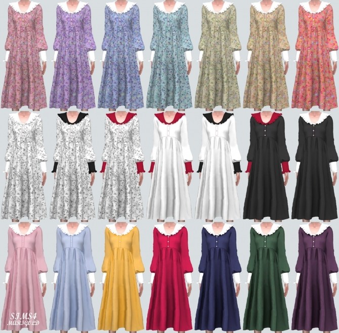 Frill Collar Flower Long Dress at Marigold » Sims 4 Updates
