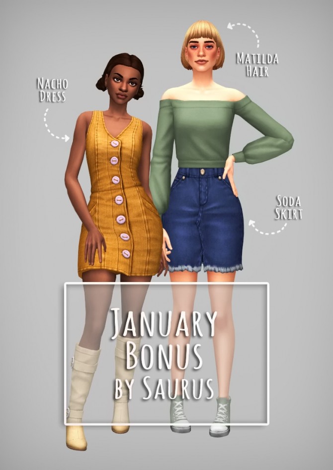 Sims 4 Nacho dress, Matilda hair & Soda skirt at Saurus Sims