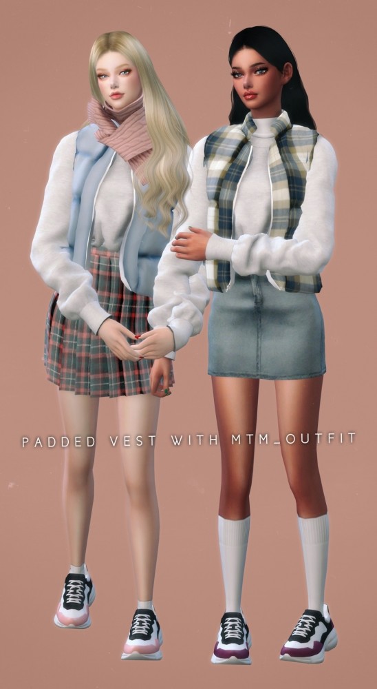 Sims 4 Padded Vest With MTM, Muffler Scarf & Overall Long Dress at NEWEN