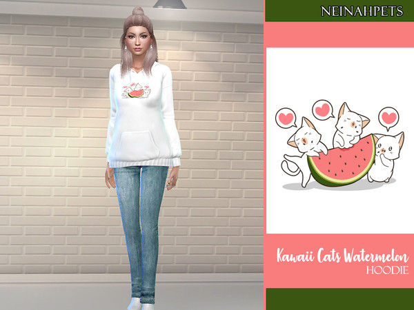 Sims 4 Kawaii Cats Watermelon Hoodie by neinahpets at TSR