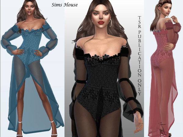 Sims 4 Dress long transparent sleeve flashlight by Sims House at TSR