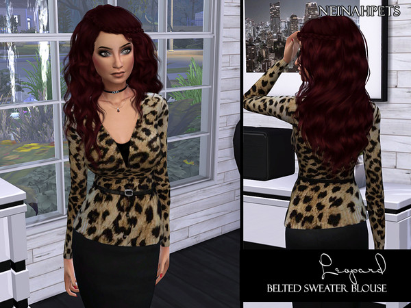 Sims 4 Leopard Belted Blouse by neinahpets at TSR