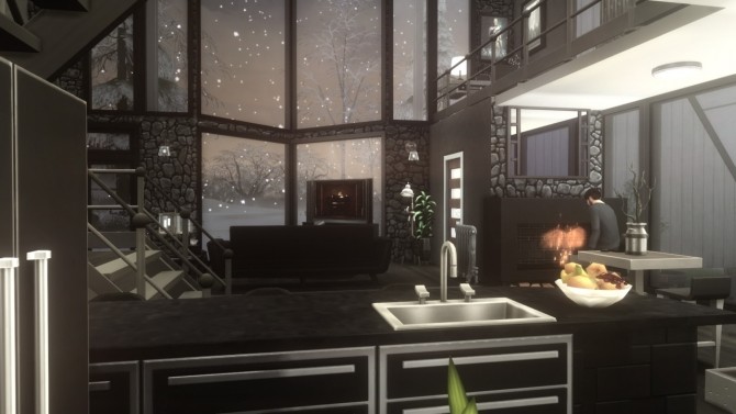 Sims 4 Dark modern A Frame home at a winged llama