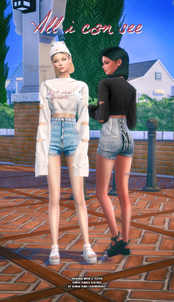 Long Sleeves Crop Top And Corset Denim Shorts At Newen Sims 4 Updates