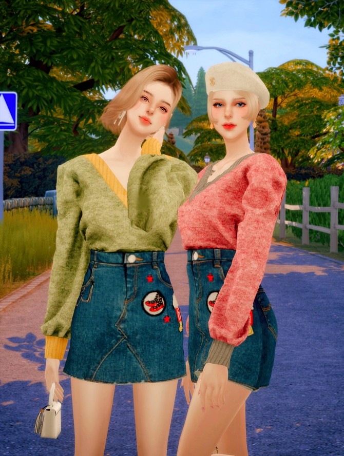 Sims 4 Oversize knitted jumper & denim skirt at RIMINGs