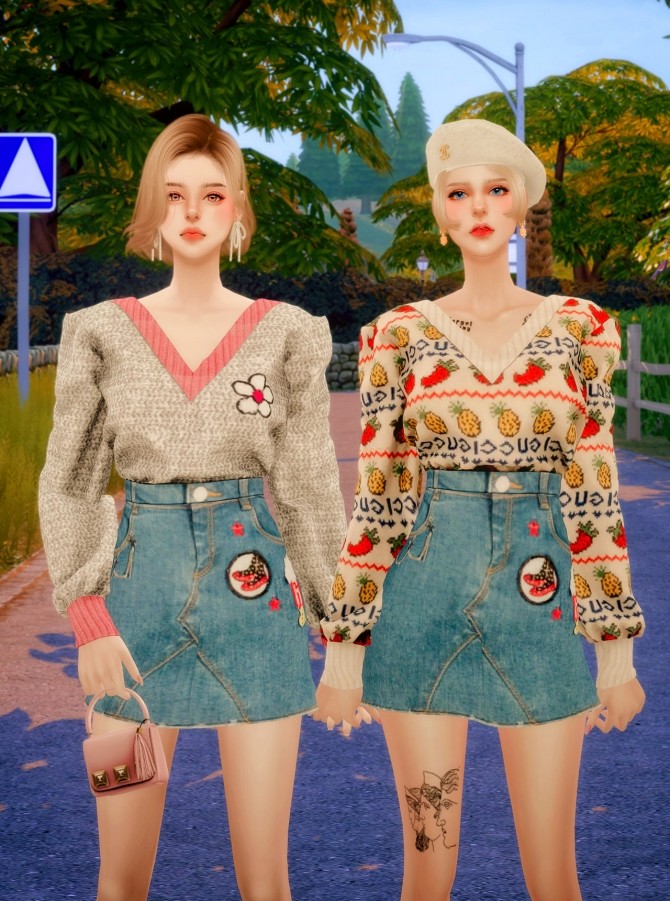 Sims 4 Oversize knitted jumper & denim skirt at RIMINGs