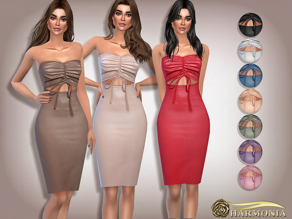 Sims 4 PU Ruched Front Cut Out Midi Dress by Harmonia at TSR