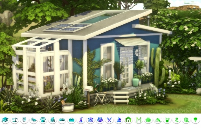 Sims 4 Blue tiny home at a winged llama