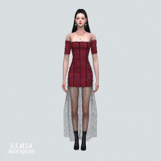 Sims 4 Mesh Shirring Off Shoulder Long Dress at Marigold