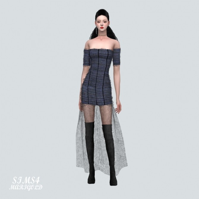 Sims 4 Mesh Shirring Off Shoulder Long Dress at Marigold