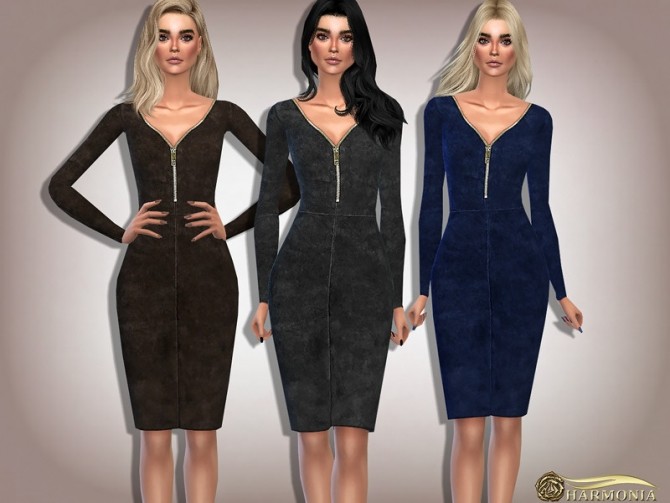 Sims 4 Plunging Front Collar Zipper Velvet Dress by Harmonia at TSR