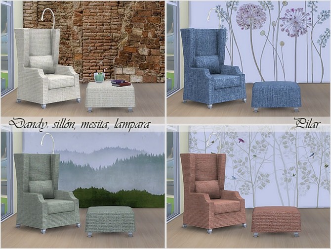 Sims 4 Dandy small table, armchair and lamp by Pilar at SimControl
