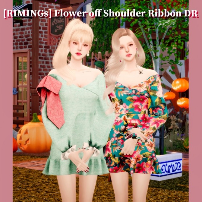 Sims 4 Flower off shoulder ribbon dress at RIMINGs