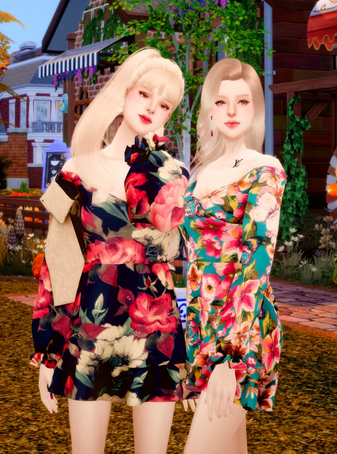 Flower off shoulder ribbon dress at RIMINGs » Sims 4 Updates