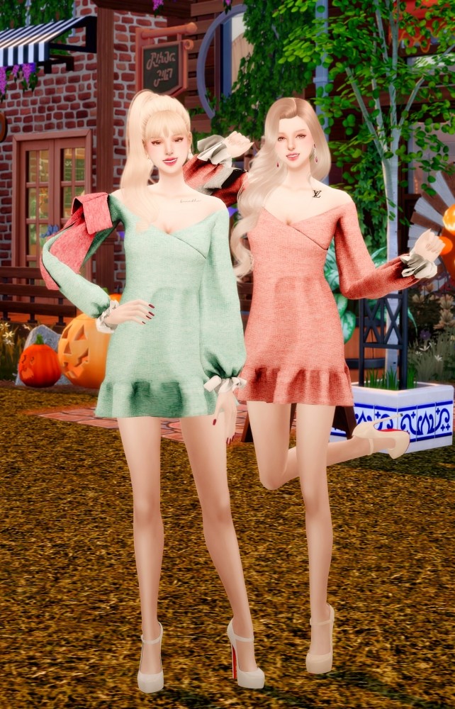 Sims 4 Flower off shoulder ribbon dress at RIMINGs
