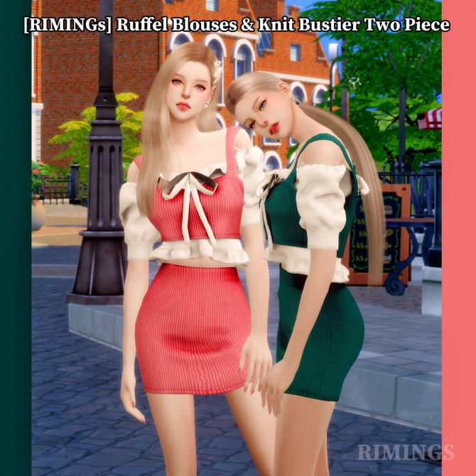Ruffle blouse & knit bustier two piece outfit at RIMINGs » Sims 4 Updates