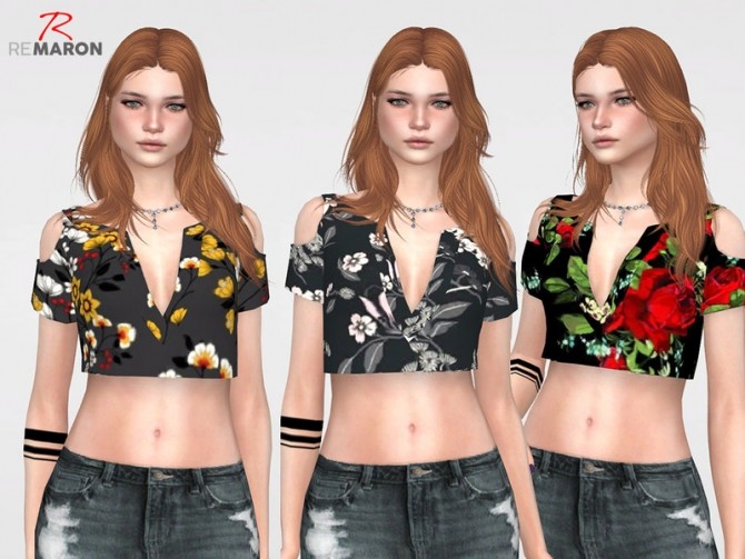 Sims 4 Floral Cropped Top for Women 02 by remaron at TSR