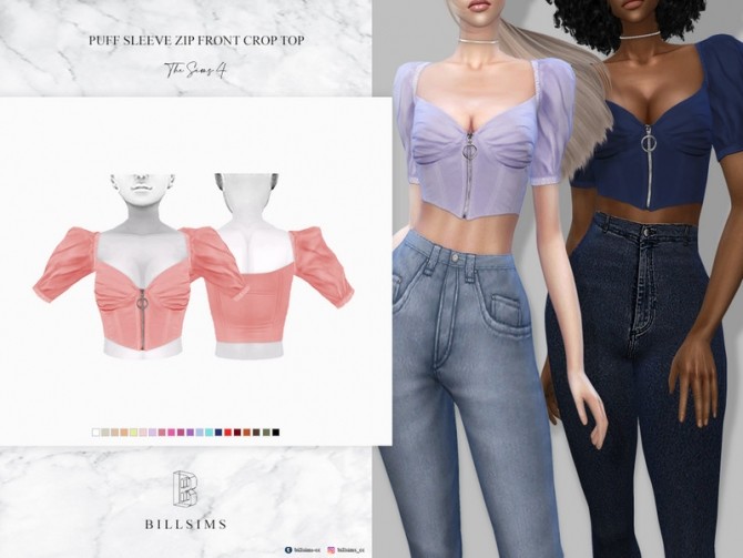 Sims 4 Puff Sleeve Zip Front Crop Top by Bill Sims at TSR