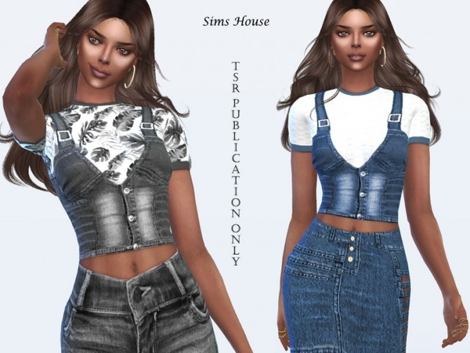 Sims 4 Womens denim vest with a short sleeve t shirt by Sims House at TSR