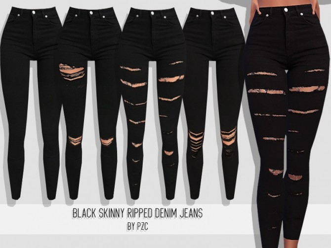 Sims 4 Black Skinny Ripped Denim Jeans Collection by Pinkzombiecupcakes at TSR