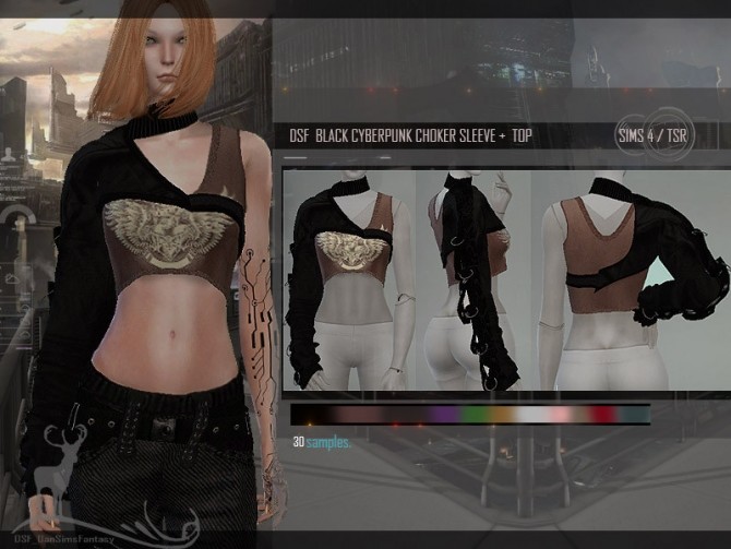 Sims 4 BLACK CYBERPUNK CHOKER SLEEVE and TOP by DanSimsFantasy at TSR