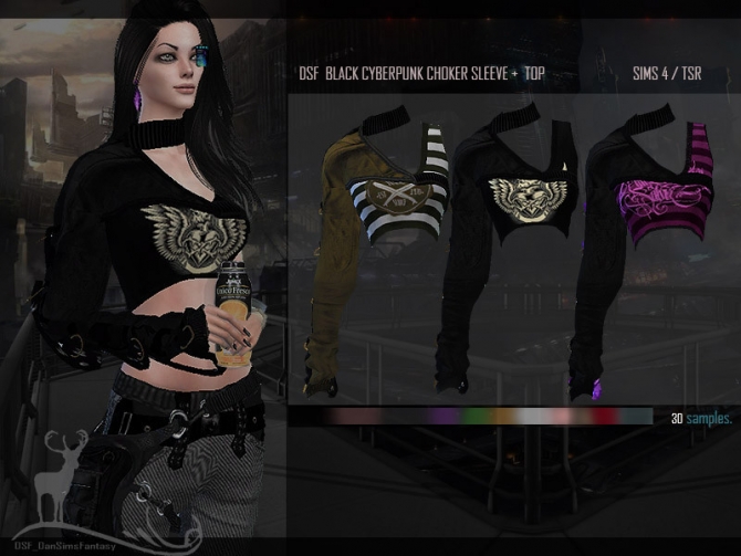 BLACK CYBERPUNK CHOKER SLEEVE and TOP by DanSimsFantasy at TSR » Sims 4