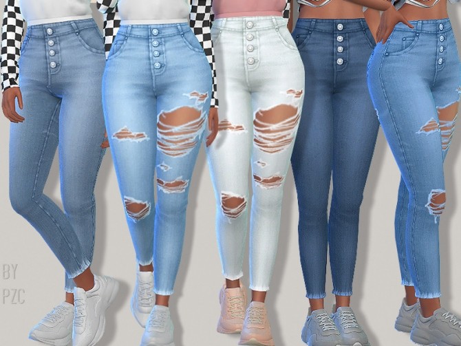 Sims 4 University Exposed Button Denim Jeans by Pinkzombiecupcakes at TSR