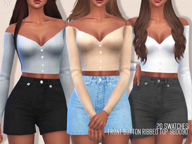 Sims 4 Front Button Ribbed Top 980090 by Pinkzombiecupcakes at TSR
