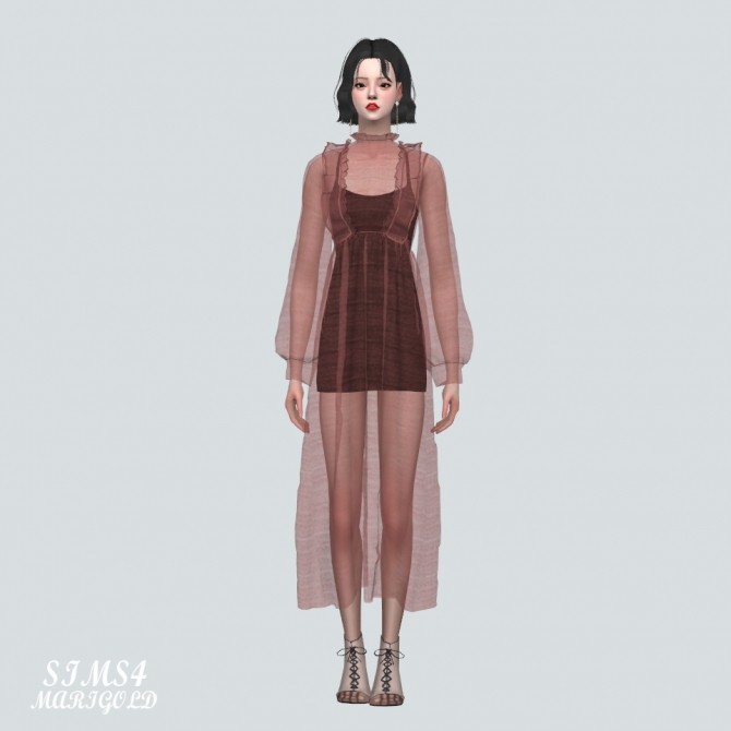 Sims 4 Spring Chiffon Frill Long Dress Solid V at Marigold
