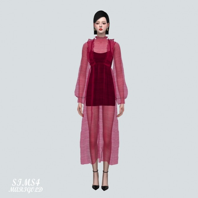 Sims 4 Spring Chiffon Frill Long Dress Solid V at Marigold