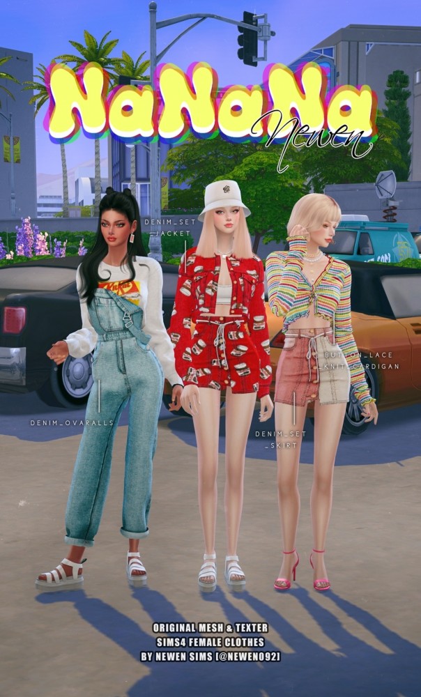 Sims 4 NaNaNa set: Denim Jacket, Skirt, Knit Cardigan, Overalls & Sweatshirts at NEWEN