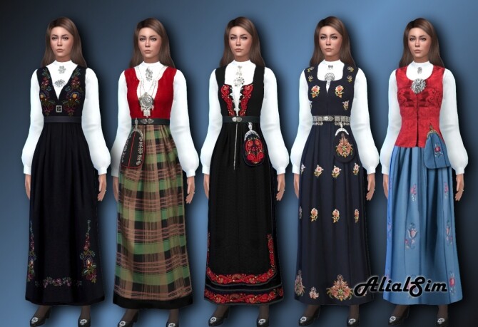 Sims 4 Norwegian Bunad with a new mesh with puffed sleeves at Alial Sim