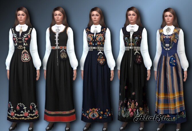 Sims 4 Norwegian Bunad with a new mesh with puffed sleeves at Alial Sim