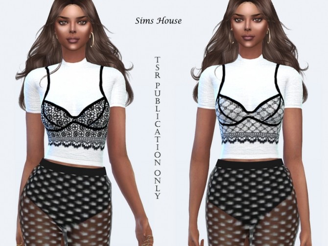 Sims 4 White top with lace bralette by Sims House at TSR