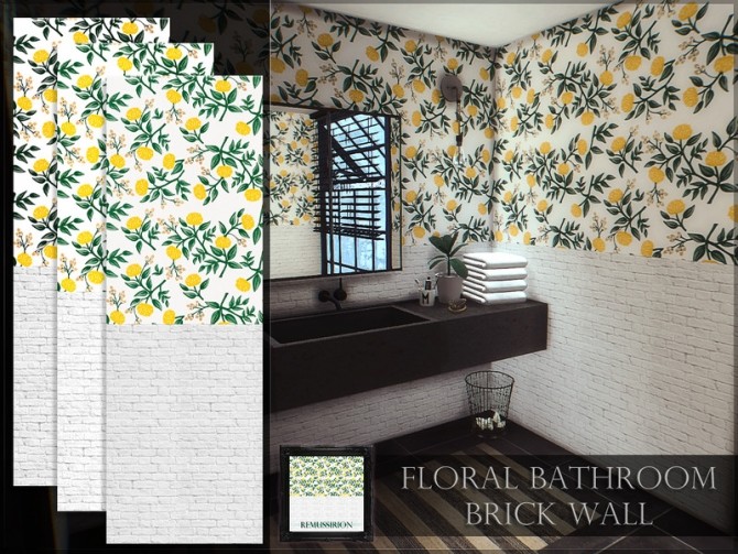 Sims 4 Floral Bathroom Brick Wall by RemusSirion at TSR