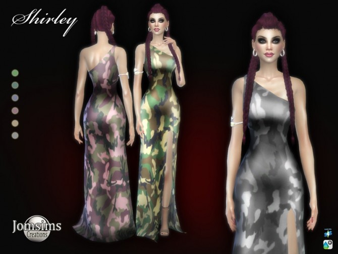 Sims 4 Shirley camouflage split dress by jomsims at TSR