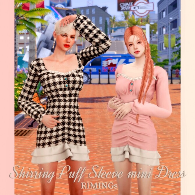 Sims 4 Shirring Puff Sleeve Mini Dress at RIMINGs