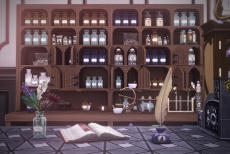Glass bottle decors for antique pharmacy by Pocci at Garden Breeze Sims 4
