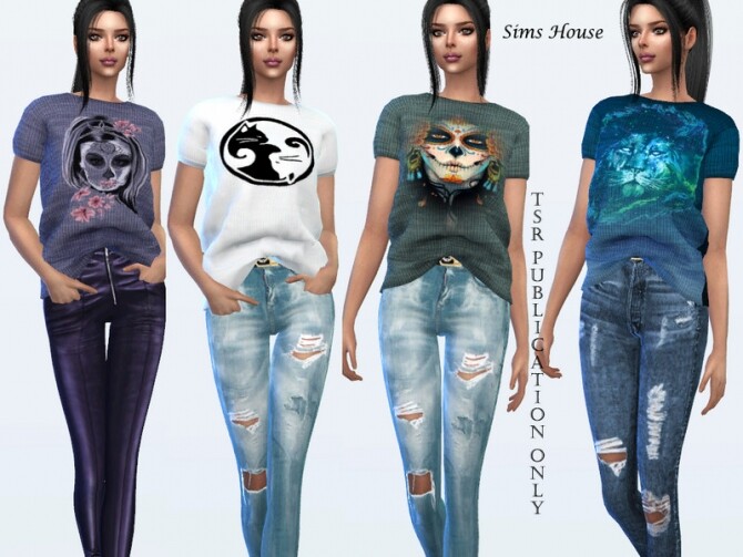 Sims 4 Womens t shirt tucked in front with prints by Sims House at TSR