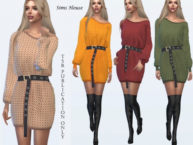 Sims 4 Knitted dress with a belt by Sims House at TSR