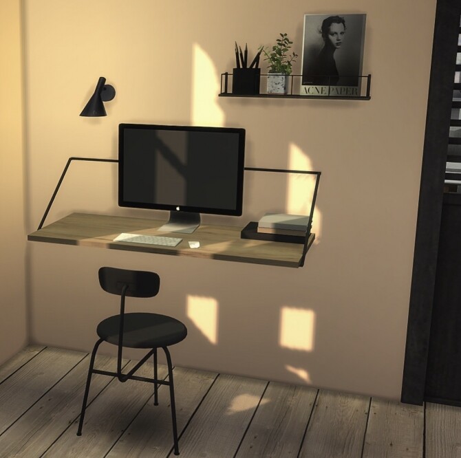 Sims 4 Rail Desk & Wood and Metal Floating Wall Shelf at Heurrs